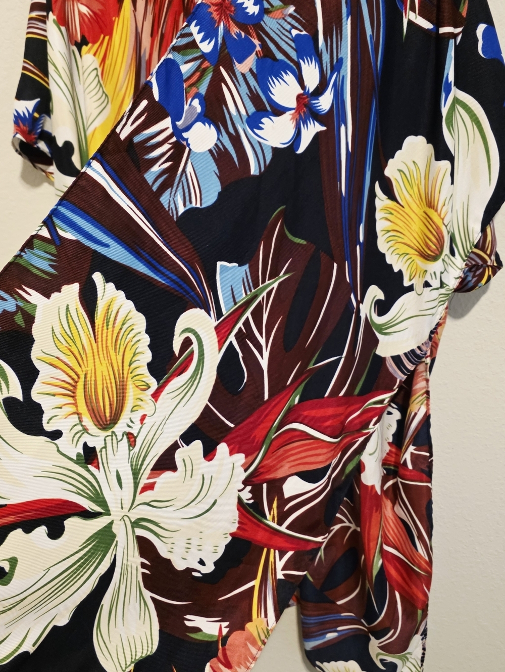 Max Studio Tropical Caftan Kimono Cover Up Floral Birds Resortwear Beach - Picture 10 of 16